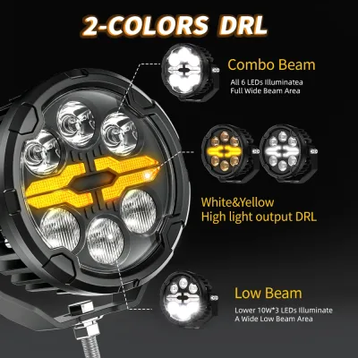 Feux de conduite LED ronds 8,9 cm, halo ambre – image 2